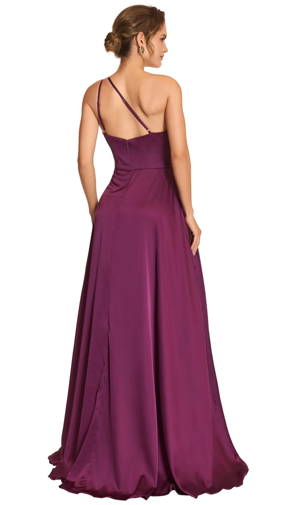 Vestido satín berenjena a un hombro, Carol-2542