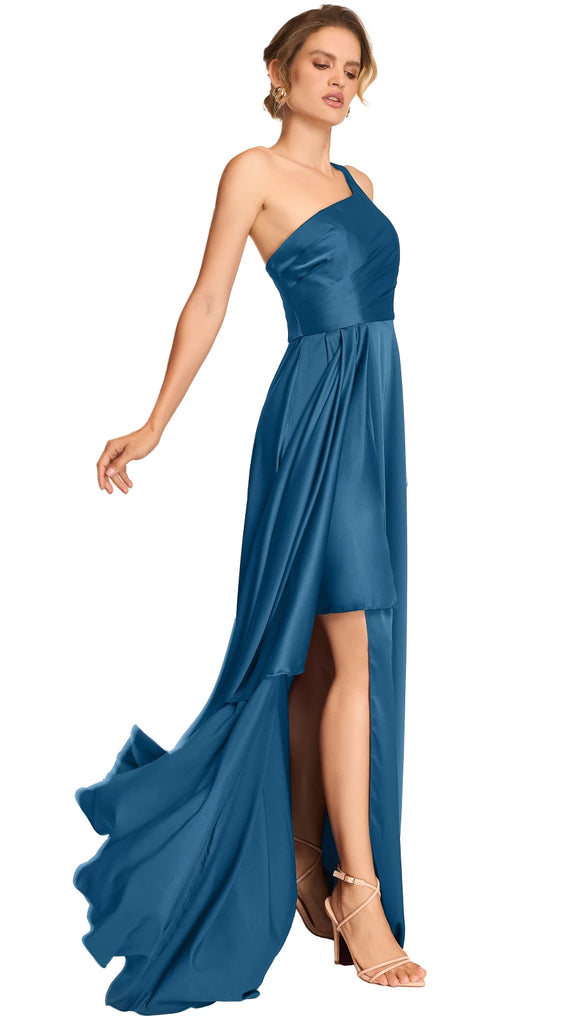 Vestido satín berenjena a un hombro, Carol-2545