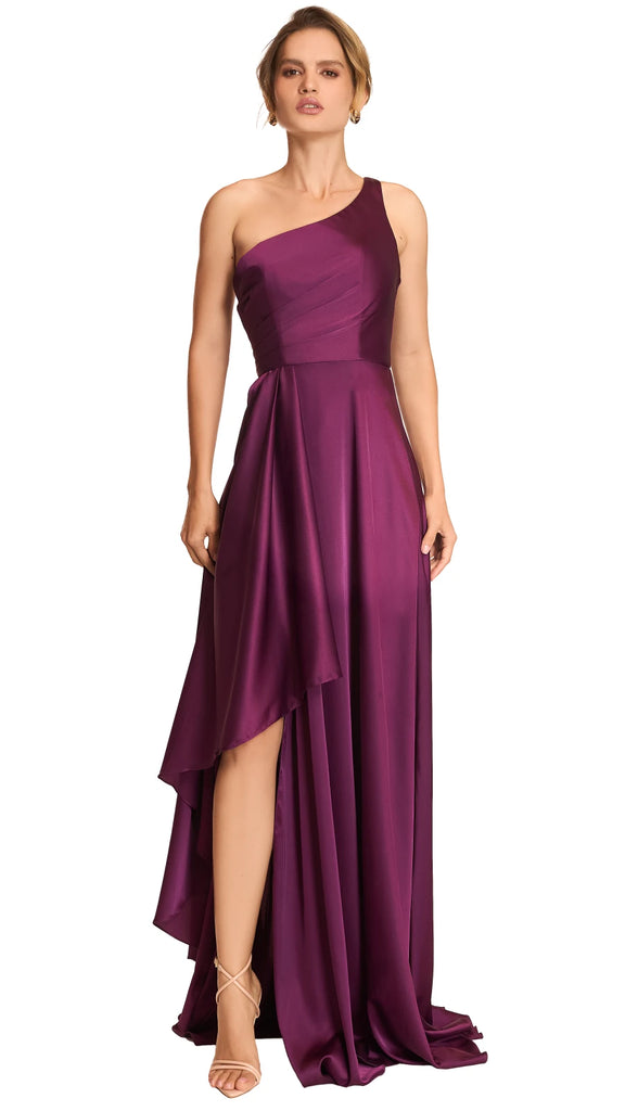 Vestido satín berenjena a un hombro, Carol-2240