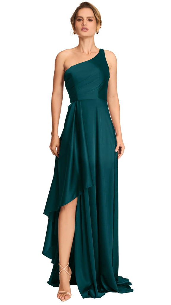 Vestido satín berenjena a un hombro, Carol-2539