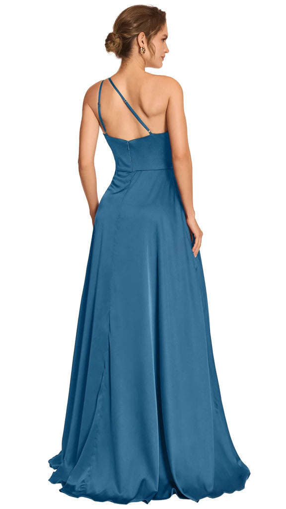 Vestido satín berenjena a un hombro, Carol-2541