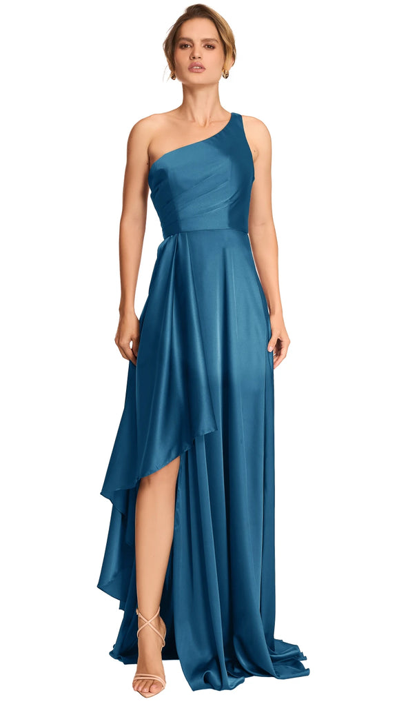 Vestido satín berenjena a un hombro, Carol-2538